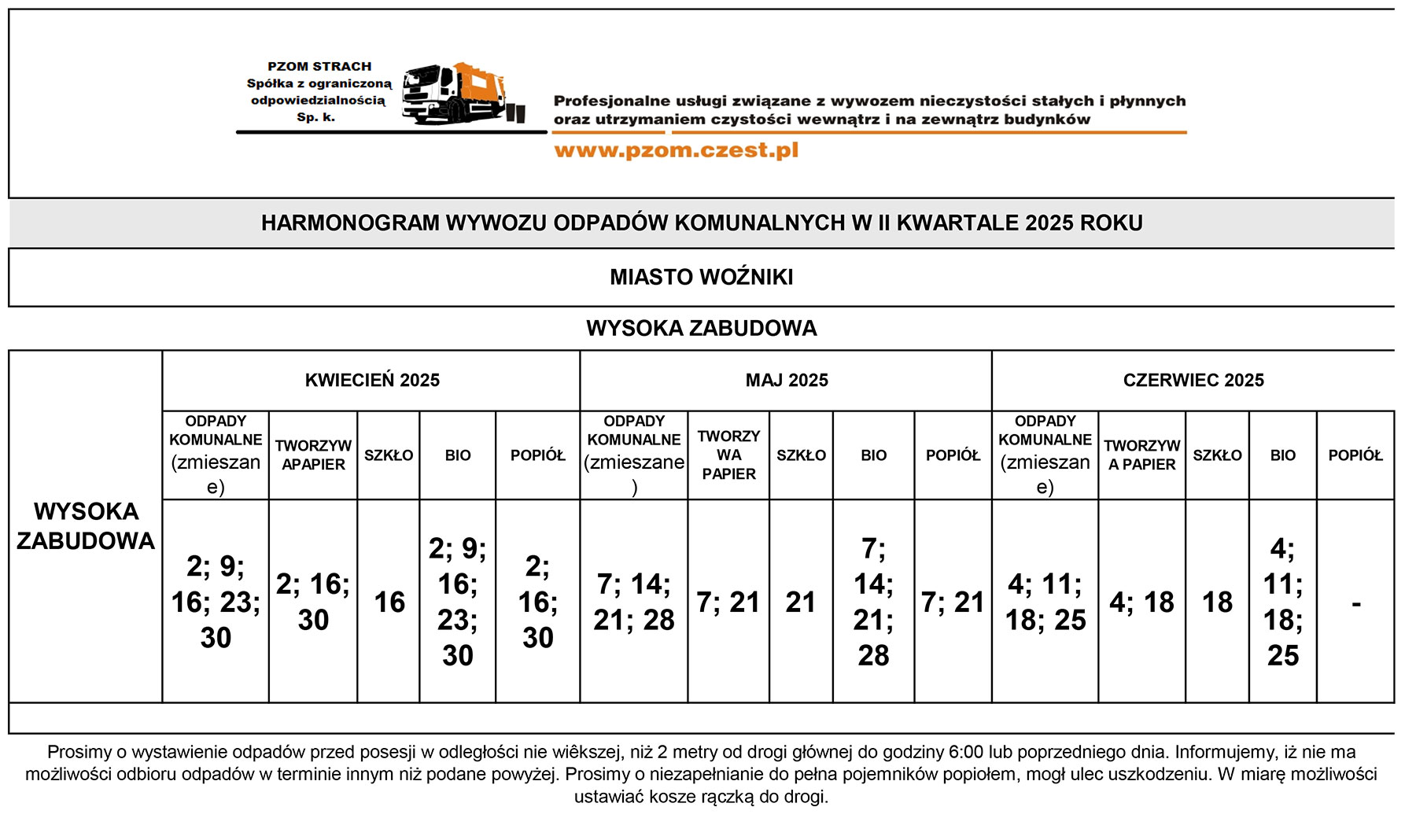 Harmonogram wywozu odpadów - II kwartał 2025 rok