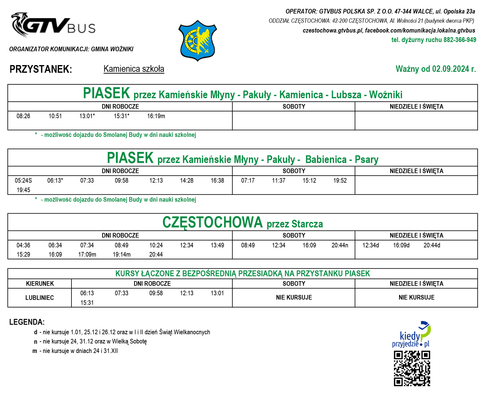 Kamienica rozkład jazdy w&nbsp;stronę Częstochowy