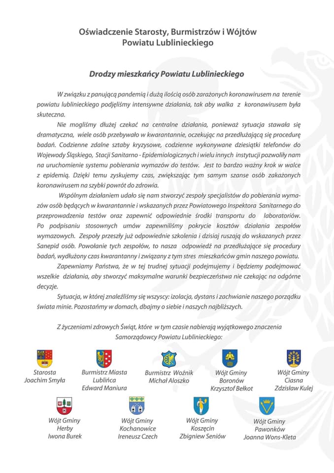 Oświadczenie starosty, burmistrzów i&nbsp;wójtów powiatu lublinieckiego