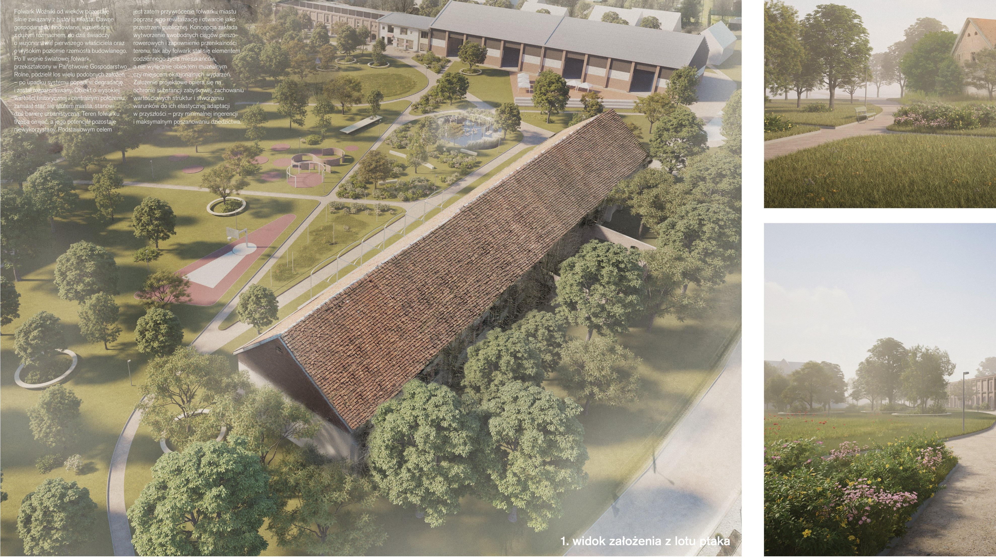 Widok z&nbsp;lotu ptaka odsłania uporządkowaną strukturę terenu, gdzie poszczeg&oacute;lne budynki o&nbsp;zr&oacute;żnicowanej architekturze harmonijnie wsp&oacute;łistnieją z&nbsp;obszernymi terenami zielonymi.  Dominują tu starannie zaprojektowane parki i&nbsp;ogrody, przeplatane malowniczymi stawami oraz&nbsp;przestrzeniami rekreacyjnymi, kt&oacute;re zachęcają do aktywnego spędzania czasu.