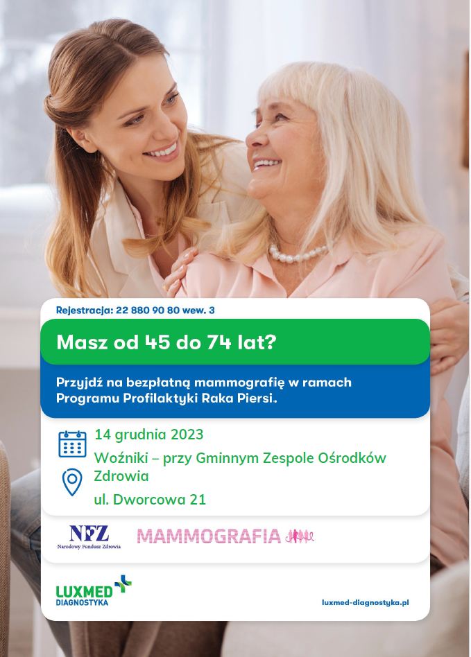 plakat informujący o&nbsp;badaniu mammograficznym w&nbsp;Woźnikach