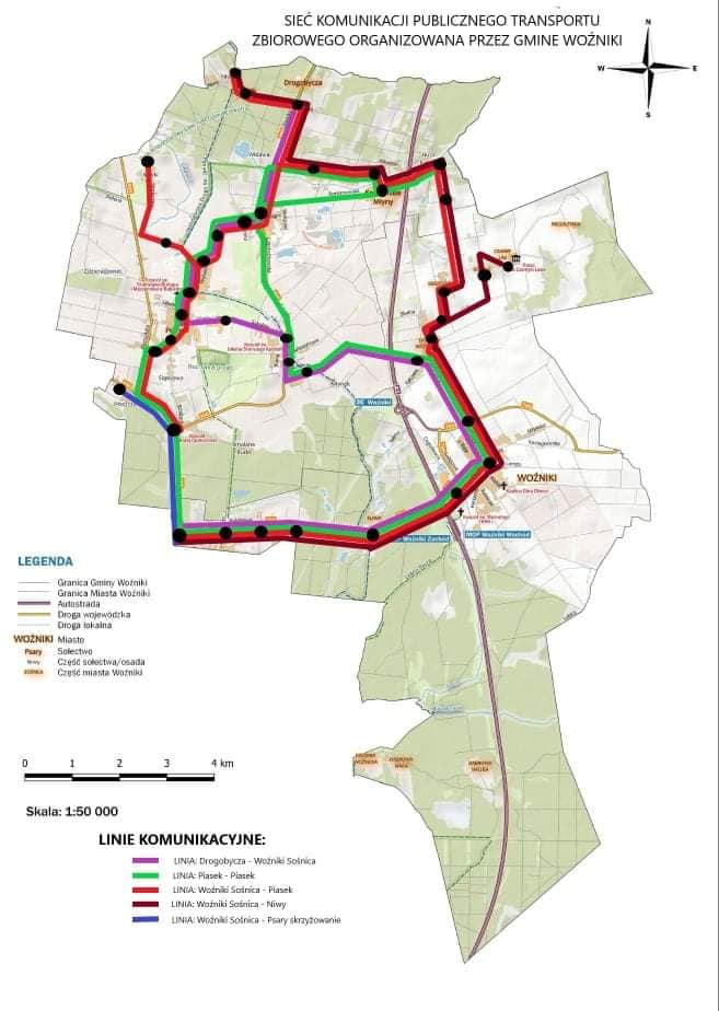 mapa z siecią komunikacyjną transportu zbiorowego w gminie Woźniki