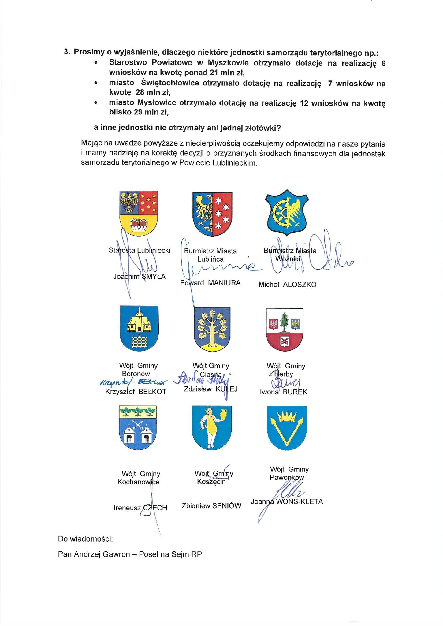 List starosty, burmistrzów i&nbsp;wójtów powiatu do wojewody śląskiego