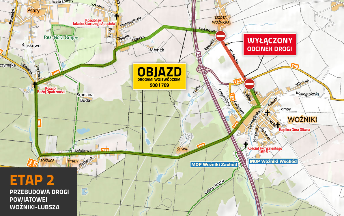 mapa z trasą wyznaczonych objazdów