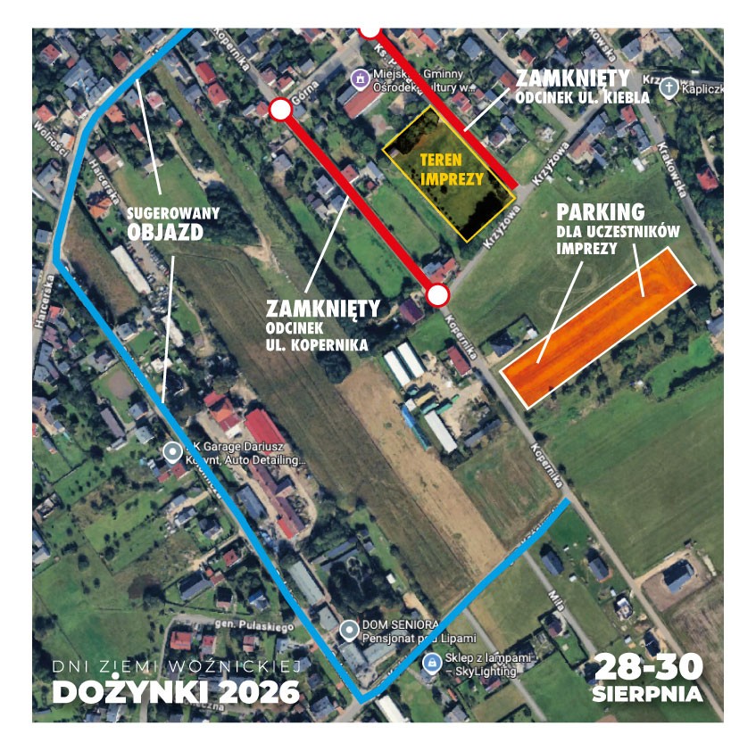mapka z&nbsp;zaznaczonym miejscem parkingowym dostępnym podczas dożynek 2026