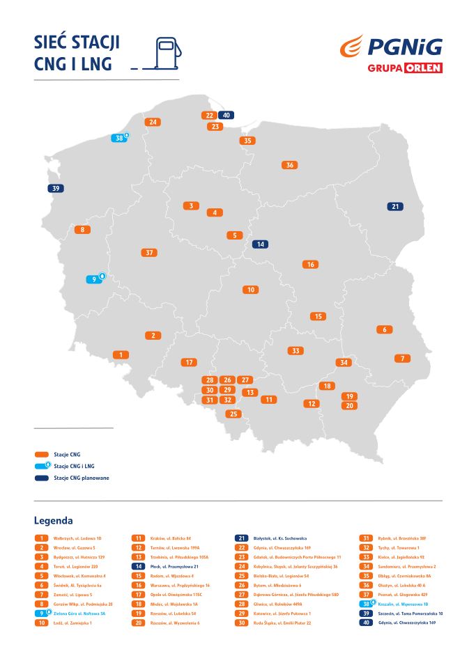 mapa z&nbsp;zaznaczonymi stacjami tankowania paliw gazowych