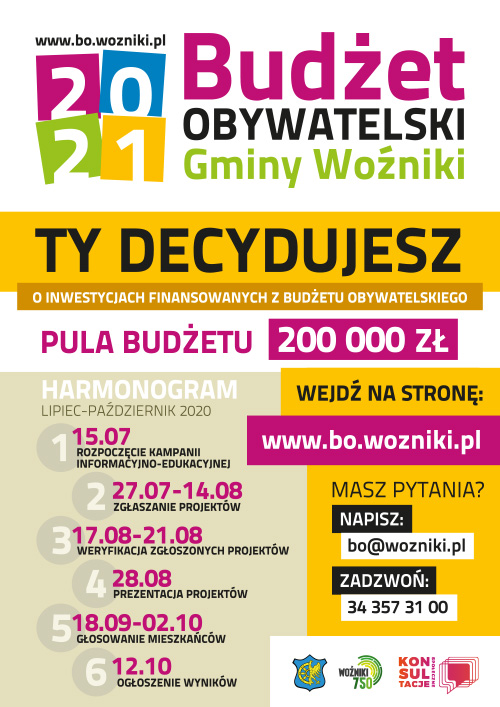 plakat informacyjny na&nbsp;temat budżetu obywatelskiego w&nbsp;Woźnikach