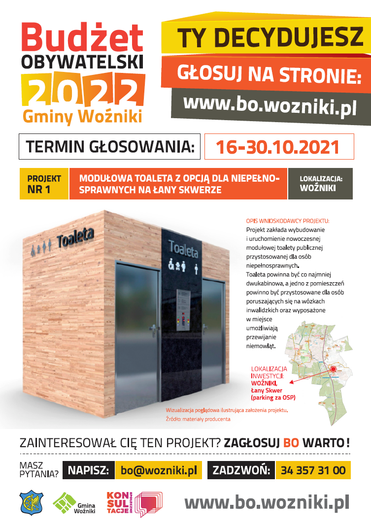 plakat budżetu obywatelskiego promujący budowę toalety modułowej