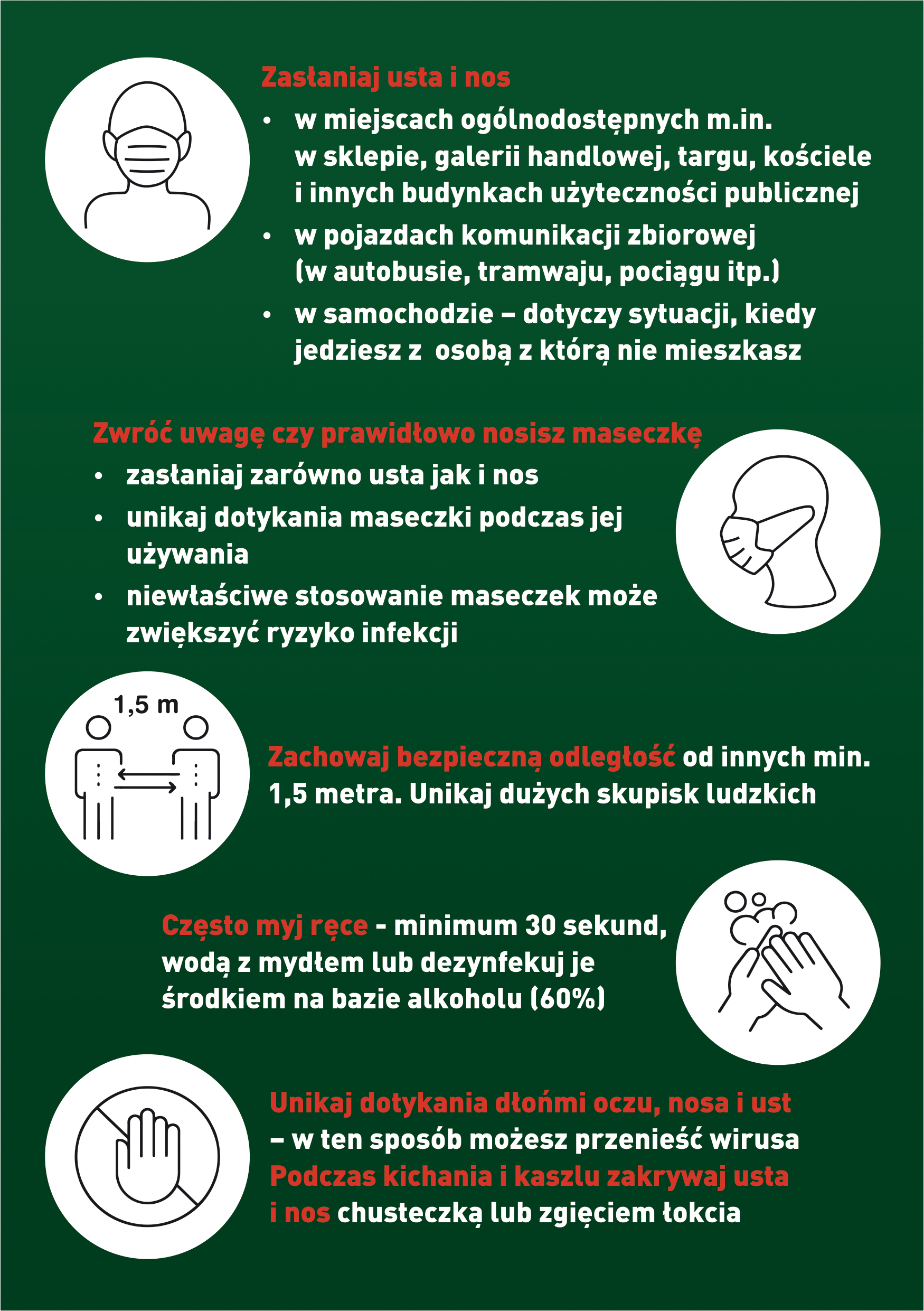 ulotka informująca o przestrzeganiu zasad bezpieczeństwa w dobie koronowirusa