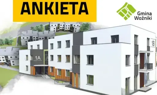 napis aniketa, logo gmina Woźniki, na pierwszym planie budynek mieszkalny 