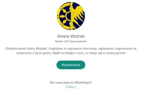 logo gminy wozniki, ifnormacja o kanale, zielona grafika z napisem pobierz