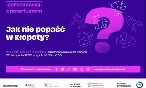 Plakat reklamujący 16. Dzień Otwarty Notariatu z hasłem 'Jak nie popaść w kłopoty?'. Na fioletowym tle widoczny duży znak zapytania otoczony ikonami symbolizującymi prawo, nieruchomości, finanse i dokumenty. Zachęca do rozmowy z notariuszem i odsyła do st