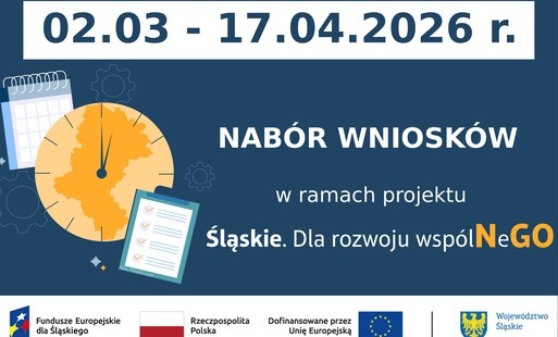 Grafika informacyjna o naborze wniosków w projekcie „Śląskie. Dla rozwoju wspólnego”. Termin składania wniosków: od 2 marca do 17 kwietnia 2026 r. Na ilustracji stylizowana mapa województwa śląskiego w zegarze, kalendarz i formularz. Na dole logotypy Fund