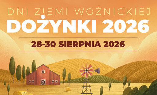 lakat informujący o Dniach Ziemi Woźnickiej – Dożynkach 2026, które odbędą się w dniach 28–30 sierpnia 2026, na tle stylizowanego wiejskiego krajobrazu.